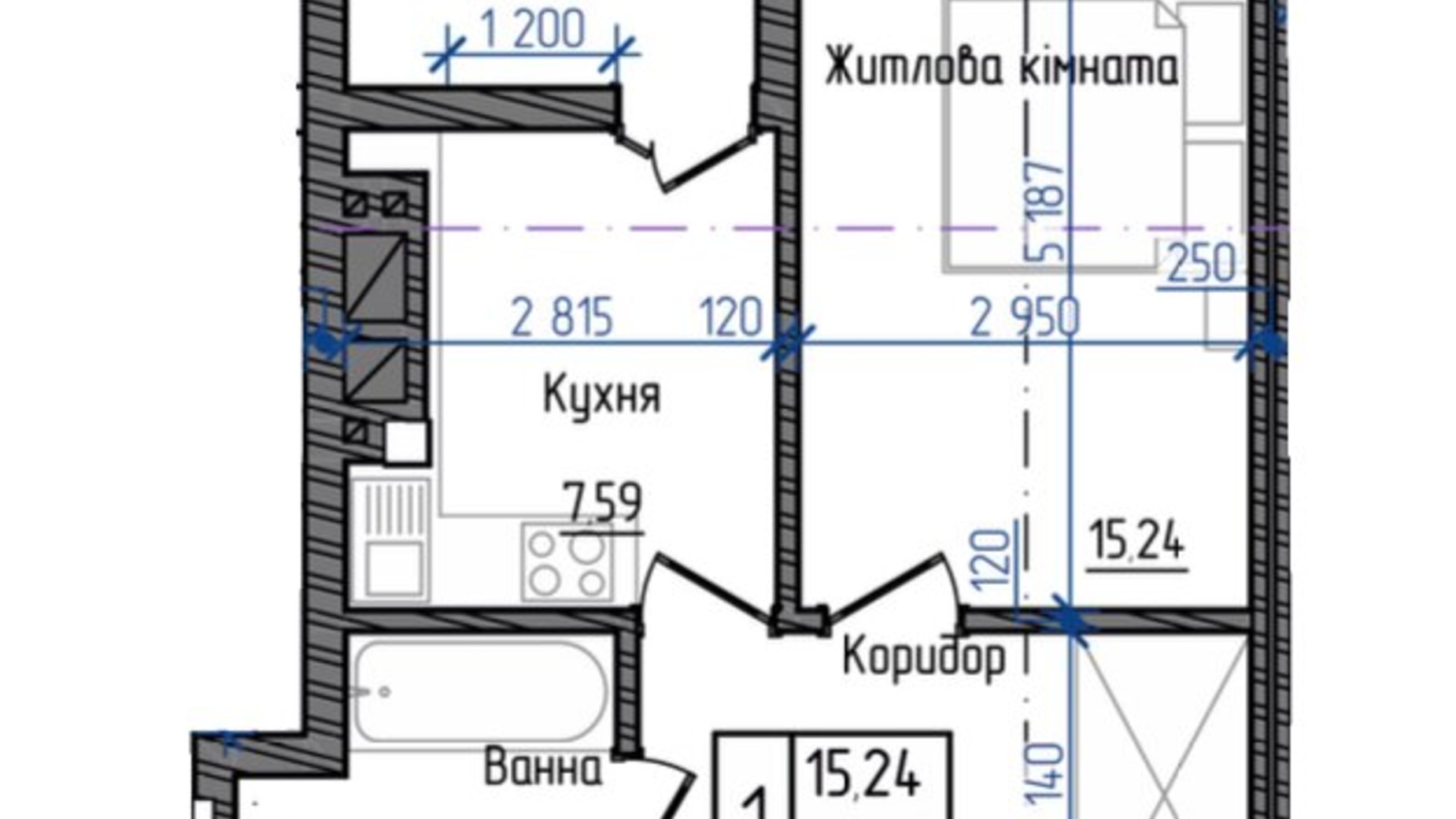 Планування 1-кімнатної квартири в ЖК Престижний 2 39.25 м², фото 268940