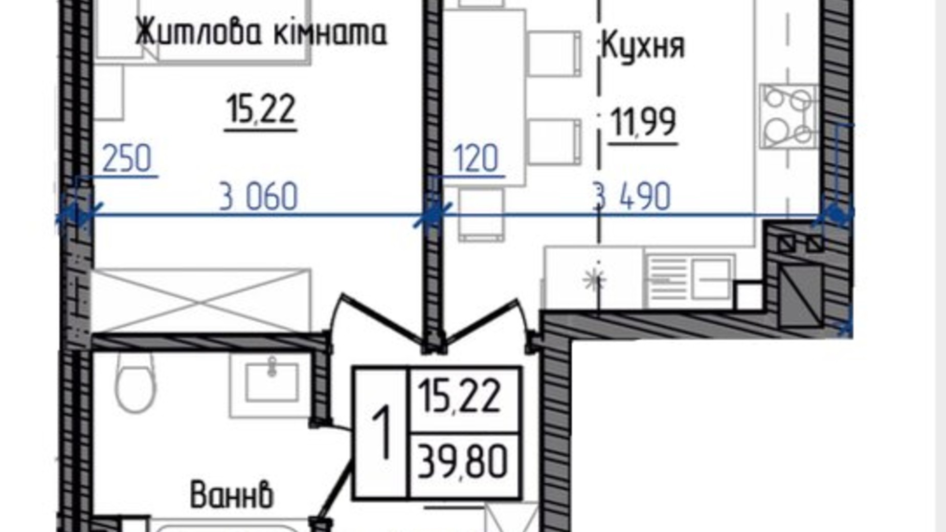 Планування 1-кімнатної квартири в ЖК Престижний 2 39.8 м², фото 268941