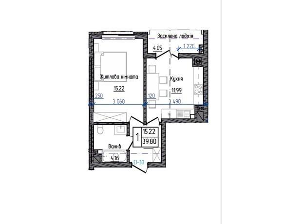 ЖК Престижний 2: планування 1-кімнатної квартири 39.8 м²
