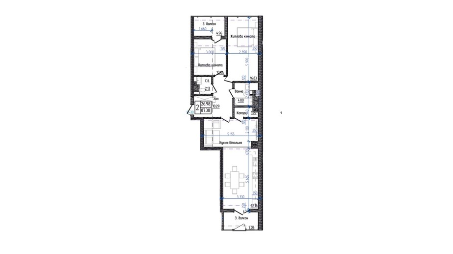 Планування 2-кімнатної квартири в ЖК Престижний 2 87.38 м², фото 268942
