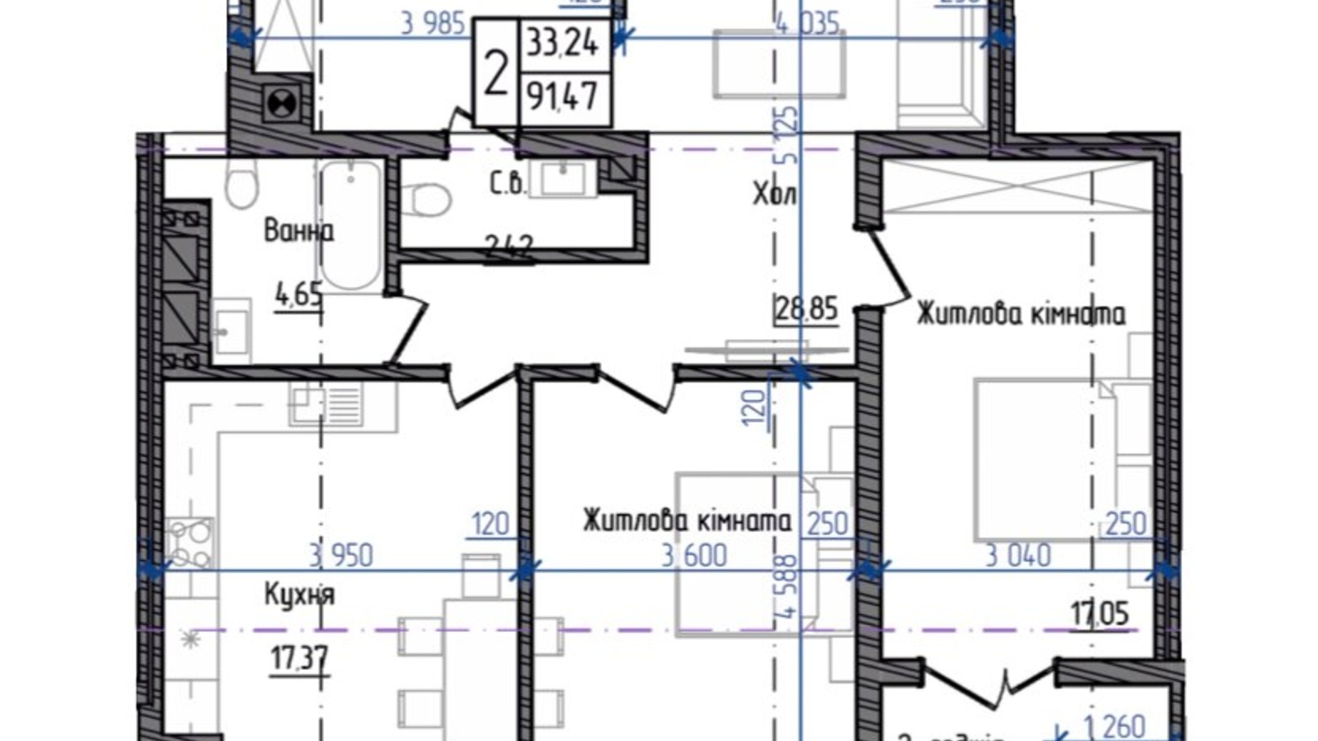 Планування 2-кімнатної квартири в ЖК Престижний 2 91.47 м², фото 268943