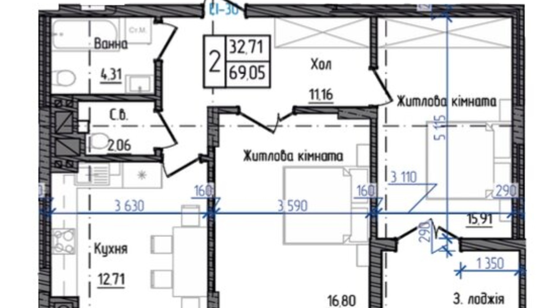 Планировка 2-комнатной квартиры в ЖК Престижный 2 69.05 м², фото 268944