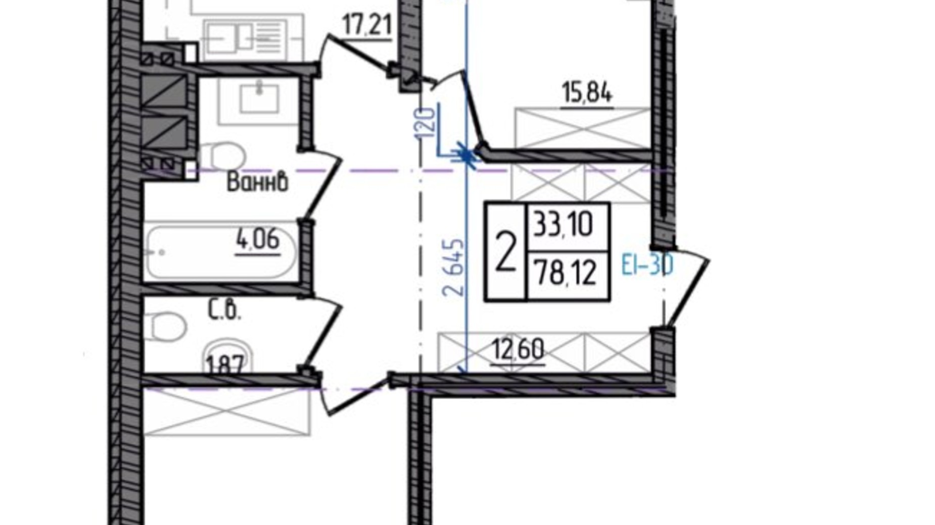 Планировка 2-комнатной квартиры в ЖК Престижный 2 78.12 м², фото 268945