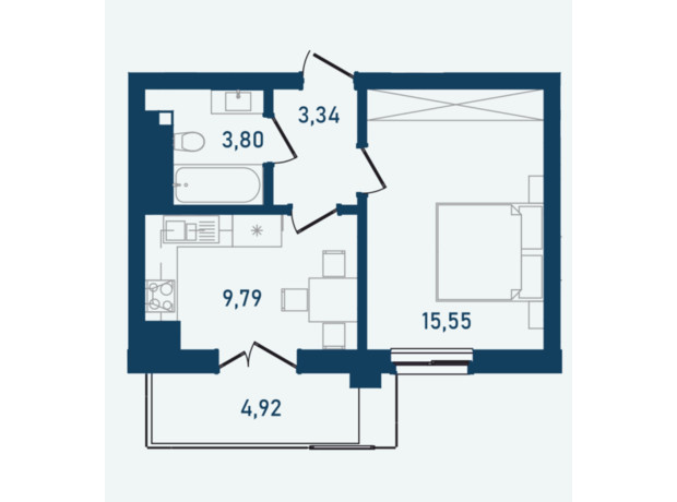 ЖК Престижний 2: планування 1-кімнатної квартири 37.4 м²