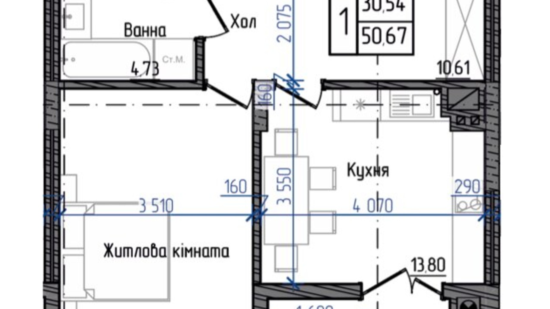 Планування 1-кімнатної квартири в ЖК Престижний 2 50.67 м², фото 268953