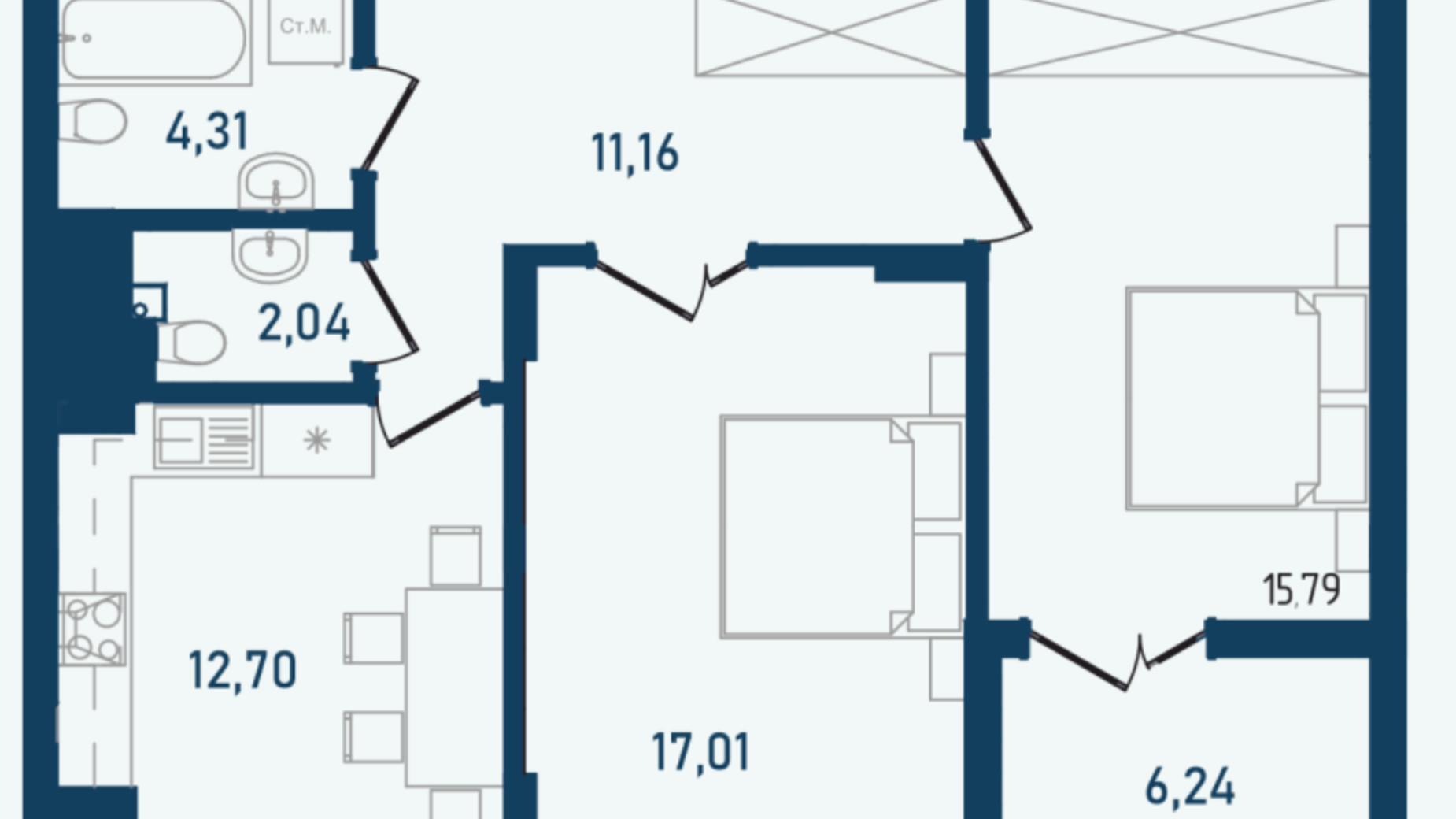 Планировка 2-комнатной квартиры в ЖК Престижный 2 69.25 м², фото 268956