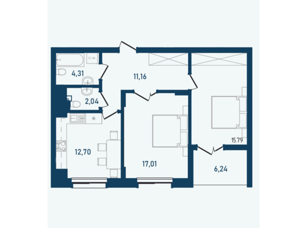 ЖК Престижный 2: планировка 2-комнатной квартиры 69.25 м²