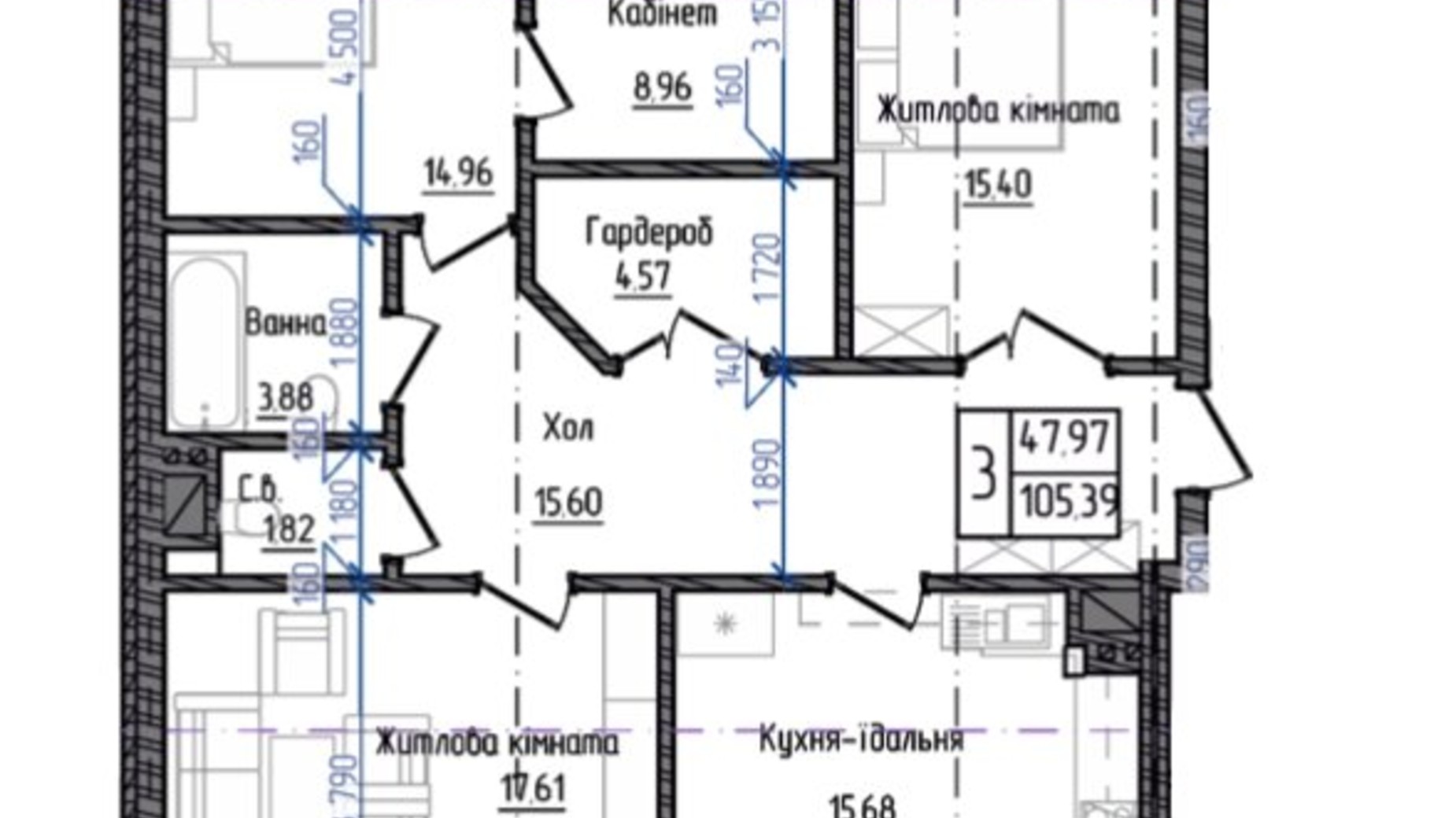 Планировка 3-комнатной квартиры в ЖК Престижный 2 105.39 м², фото 268960