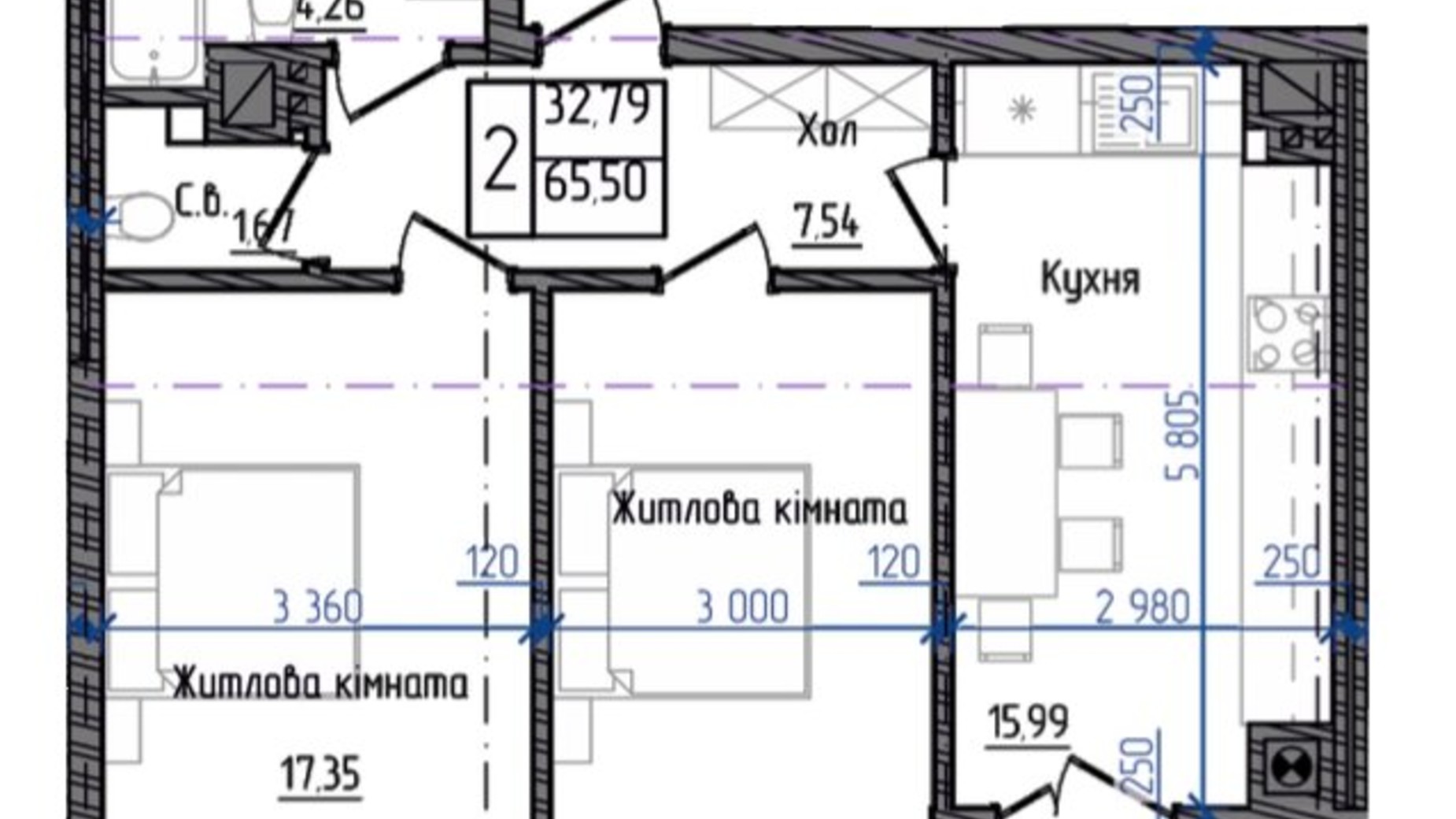 Планування 2-кімнатної квартири в ЖК Престижний 2 65.5 м², фото 268964