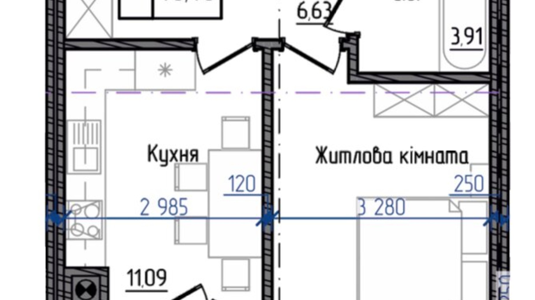 Планування 1-кімнатної квартири в ЖК Престижний 2 40.4 м², фото 268966