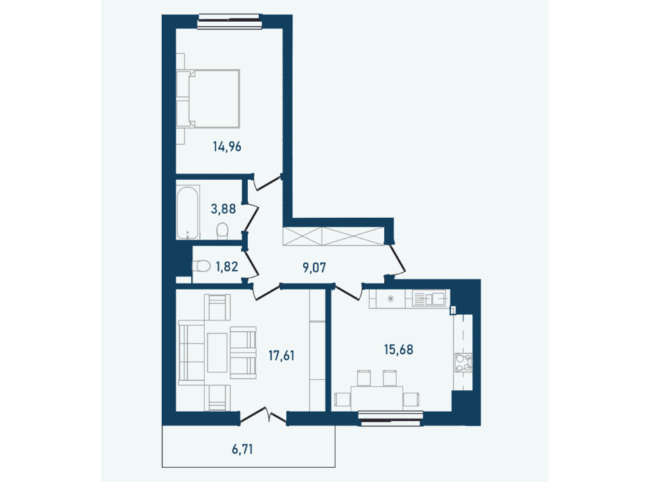 Планировка 2-комнатной квартиры в ЖК Престижный 2 69.73 м², фото 268974 Планировка 2-комнатной квартиры в ЖК Престижный 2 69.73 м², фото 268974