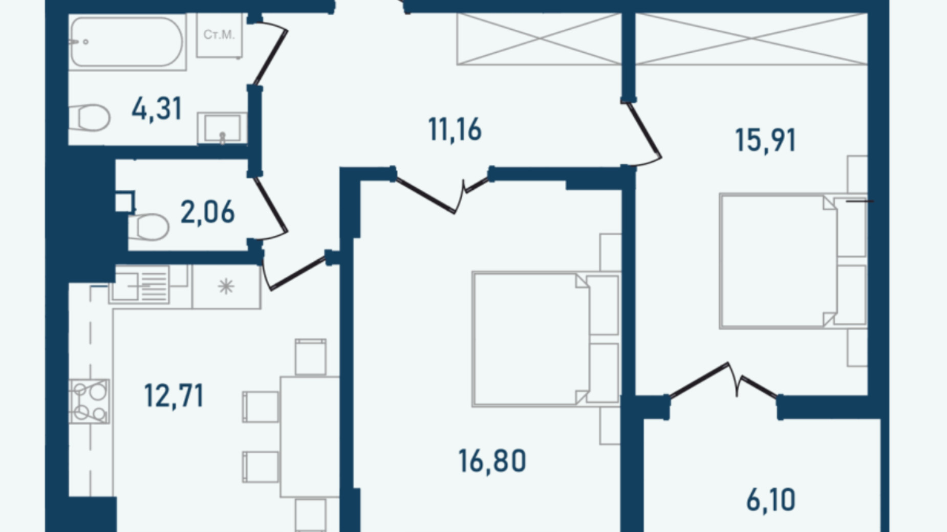 Планировка 2-комнатной квартиры в ЖК Престижный 2 69.05 м², фото 268990