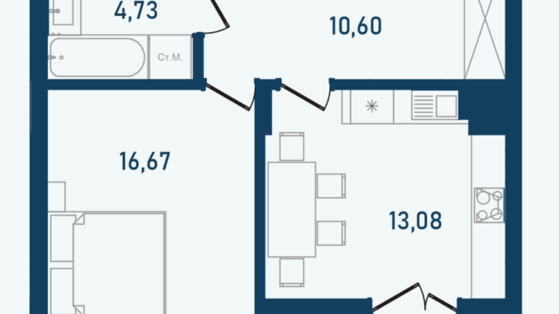 Планування 1-кімнатної квартири в ЖК Престижний 2 50.59 м², фото 268995