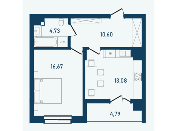 ЖК Престижний 2: планування 1-кімнатної квартири 50.59 м² ЖК Престижний 2: планування 1-кімнатної квартири 50.59 м²