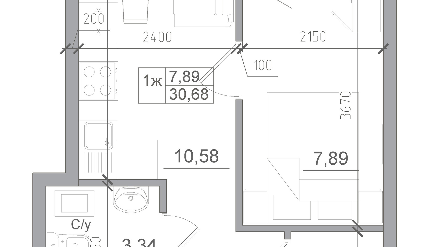 Планування 1-кімнатної квартири в ЖК Artville 30.68 м², фото 269132