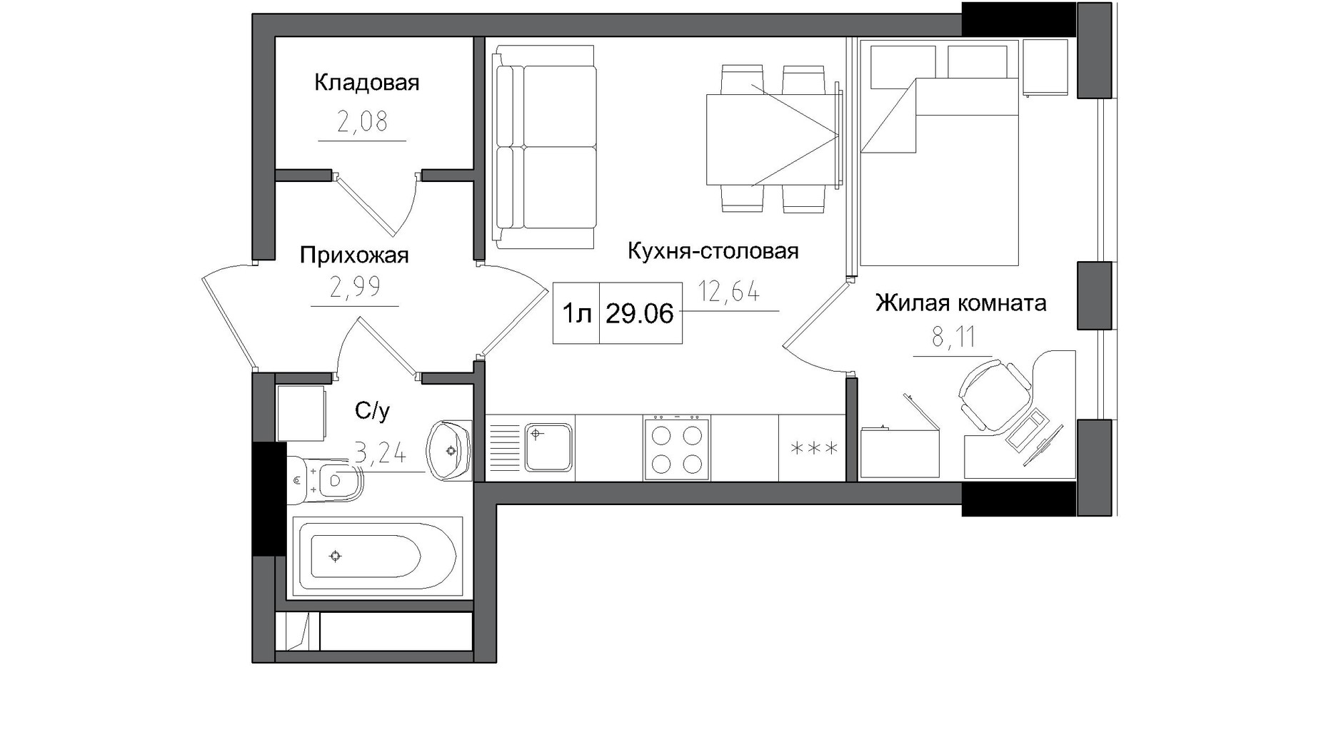 Планування 1-кімнатної квартири в ЖК Artville 30.02 м², фото 269133