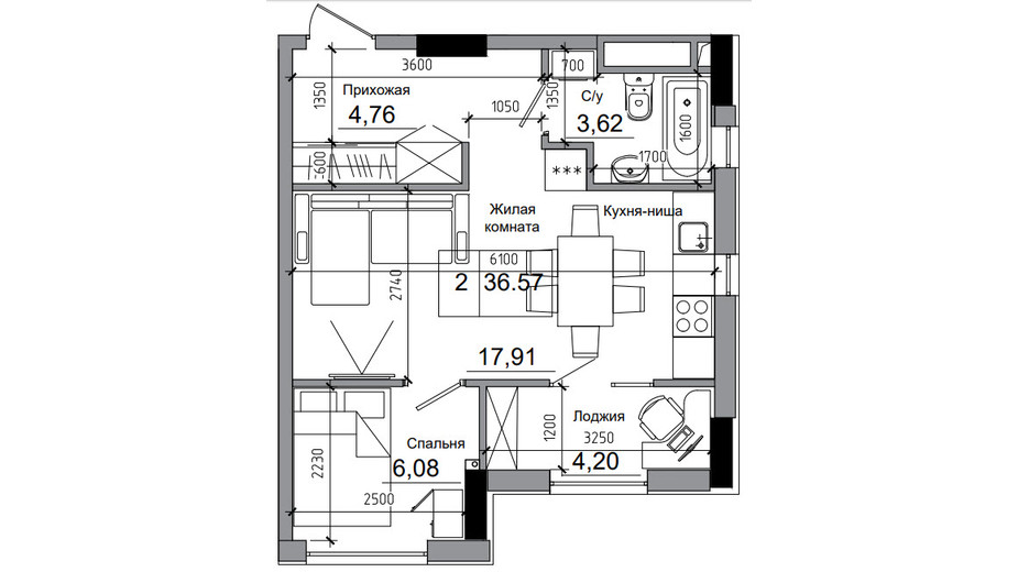 Планування 1-кімнатної квартири в ЖК Artville 38.04 м², фото 269134
