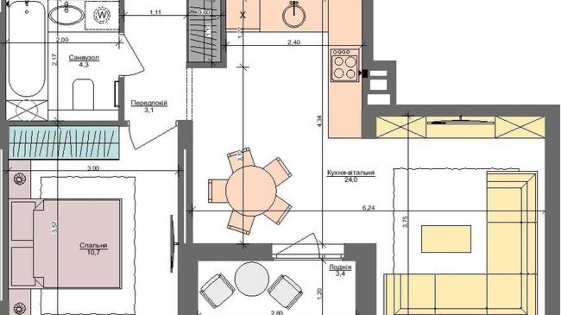 Планировка 1-комнатной квартиры в ЖК Файна Таун 45.6 м², фото 269148