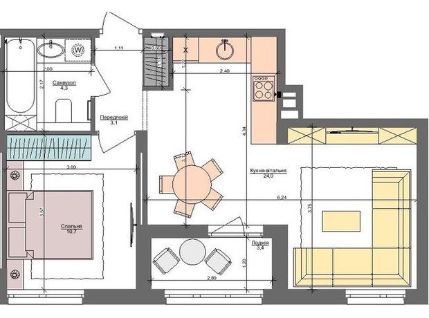 ЖК Файна Таун: планировка 1-комнатной квартиры 45.6 м²