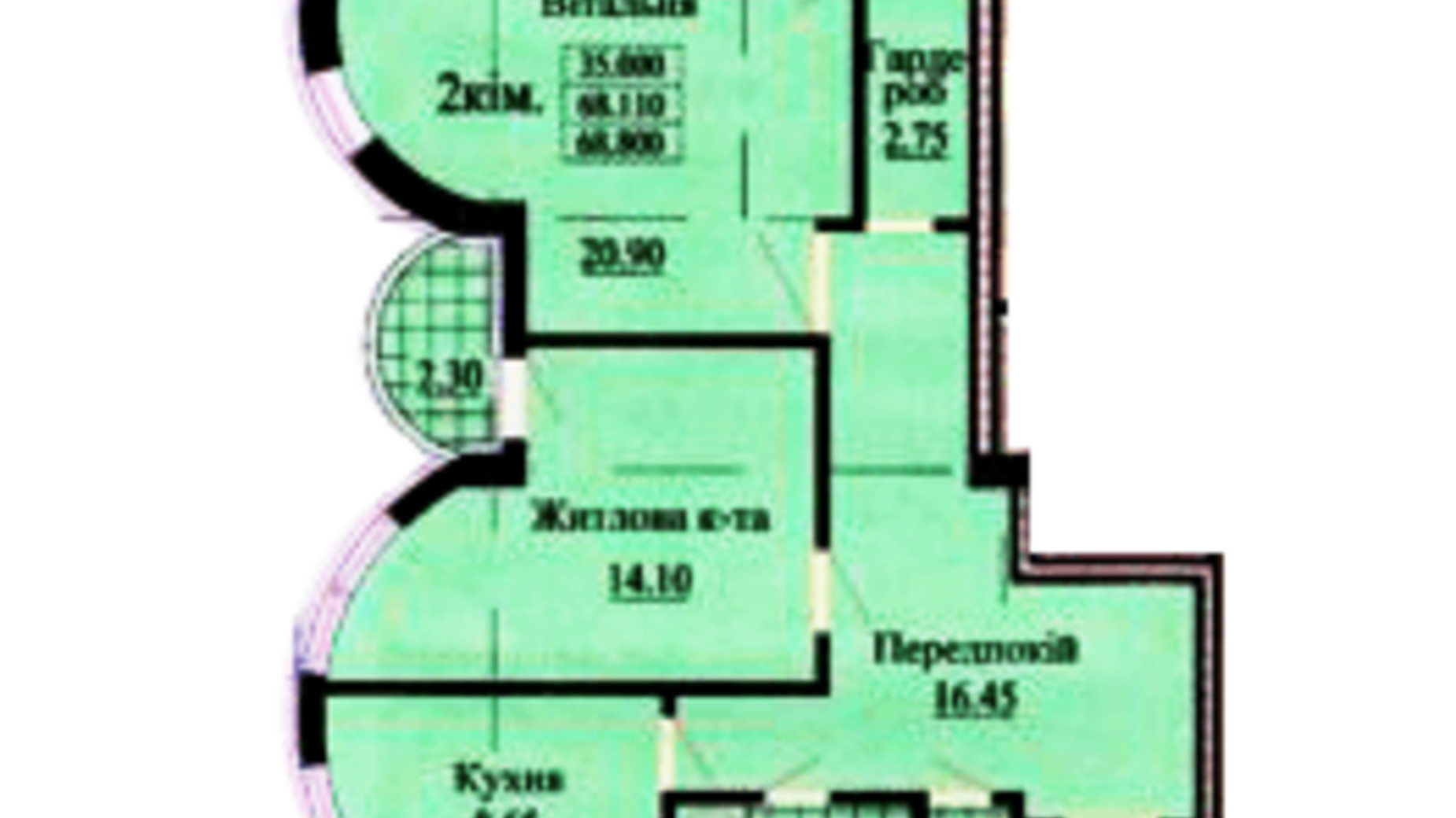 Планування 2-кімнатної квартири в ЖК вул. Роксолани, 16 69.4 м², фото 269323