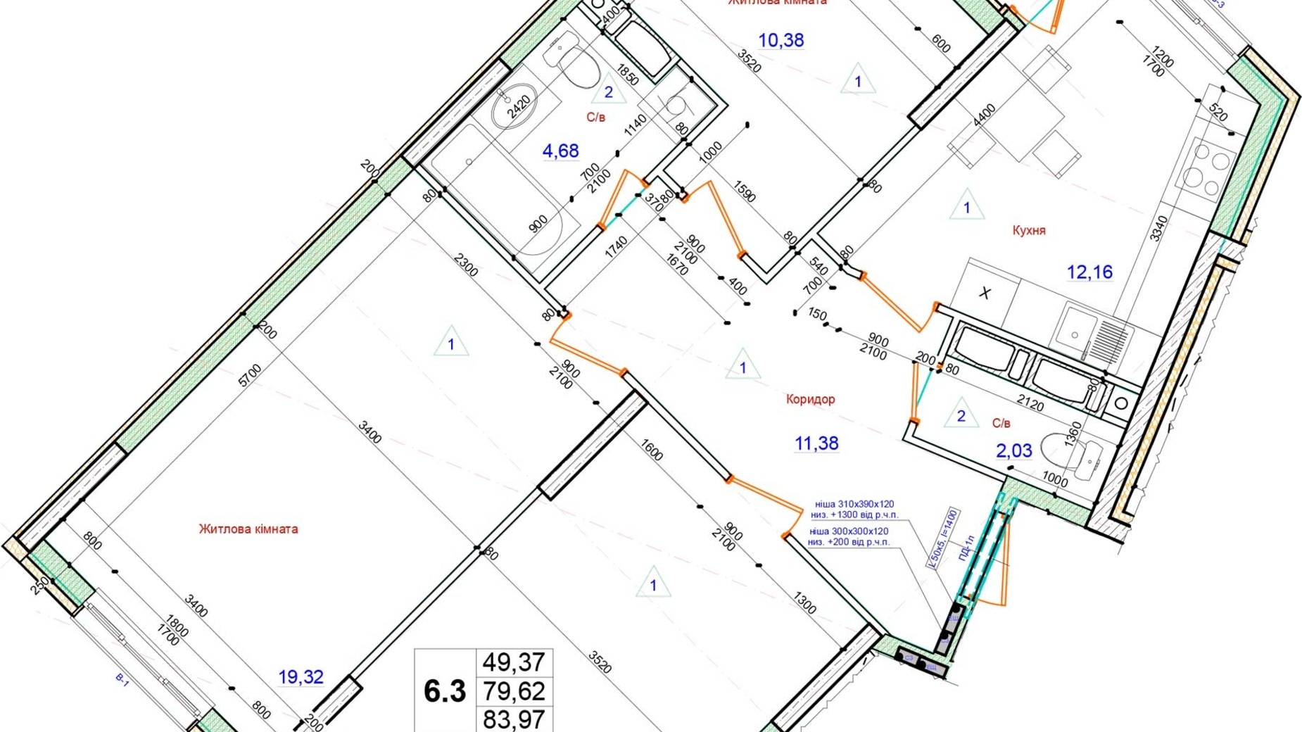 Планировка 3-комнатной квартиры в ЖК Олимпийский 83.97 м², фото 269639