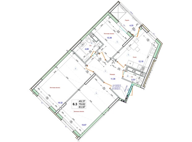 ЖК Олимпийский: планировка 3-комнатной квартиры 83.97 м²