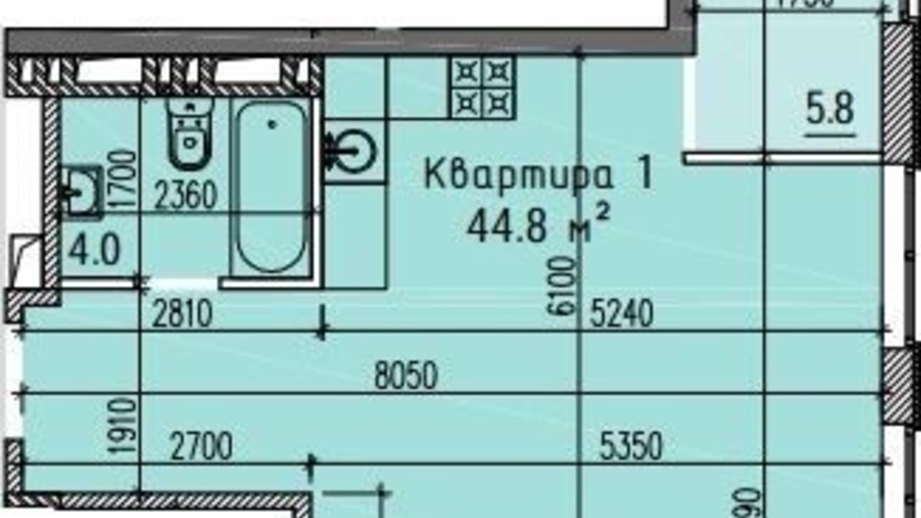 Планування вільне планування квартири в ЖК River Hall  44.9 м², фото 269645