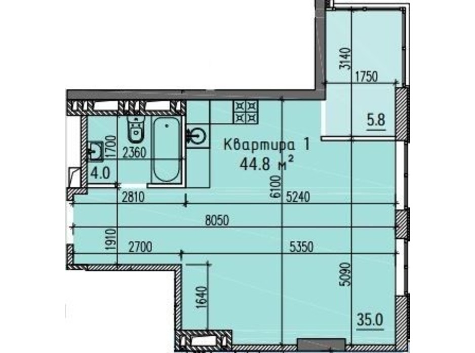 Планировка свободная планировка квартиры в ЖК River Hall 44.8 м², фото 269645 Планировка свободная планировка квартиры в ЖК River Hall 44.8 м², фото 269645