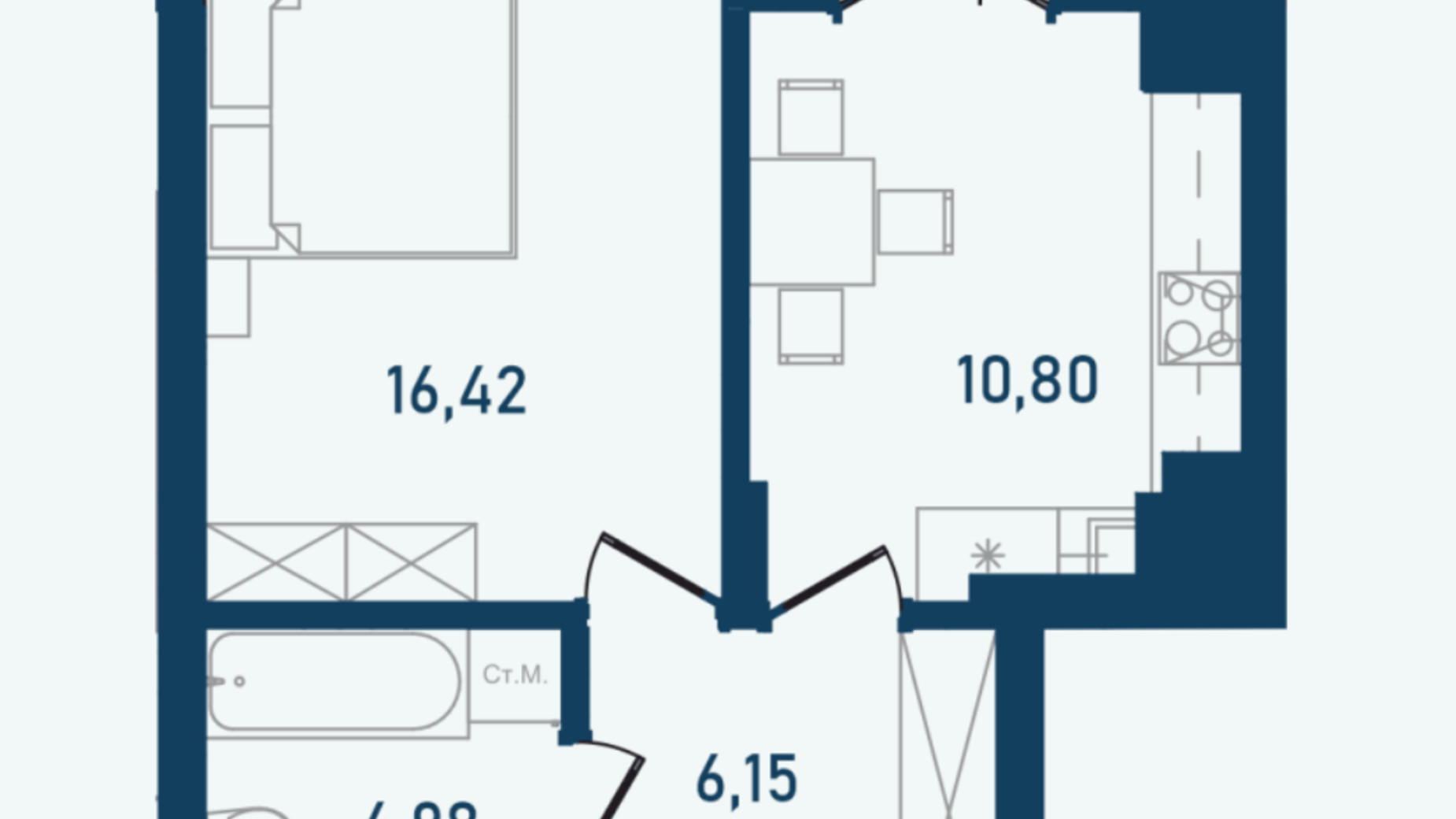 Планування 1-кімнатної квартири в ЖК Престижний 2 42.27 м², фото 269699