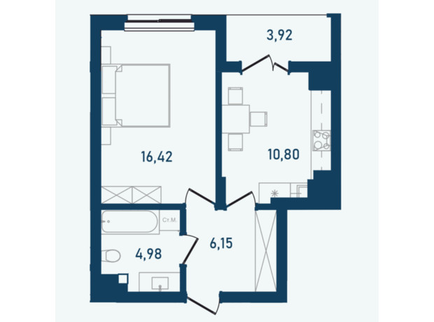 ЖК Престижный 2: планировка 1-комнатной квартиры 42.27 м²