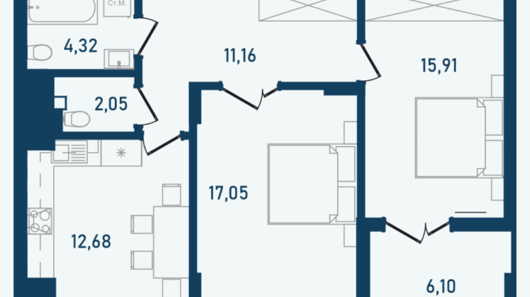Планування 2-кімнатної квартири в ЖК Престижний 2 69.27 м², фото 269701