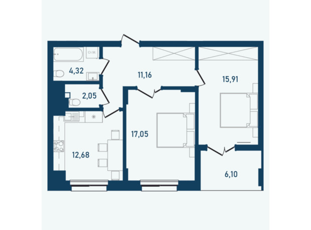 ЖК Престижный 2: планировка 2-комнатной квартиры 69.27 м²