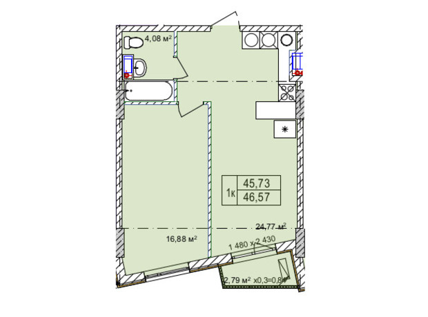 Апарт-комплекс Итака: планировка 1-комнатной квартиры 46.35 м² Апарт-комплекс Итака: планировка 1-комнатной квартиры 46.35 м²