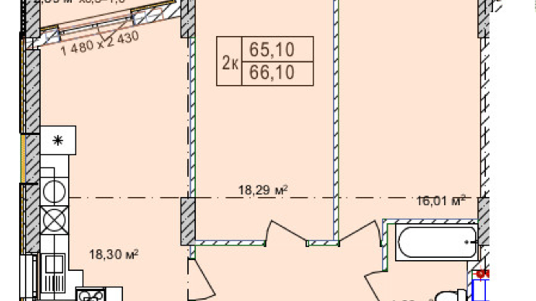 Планування 2-кімнатної квартири в Апарт-комплекс Ітака 65.15 м², фото 269708