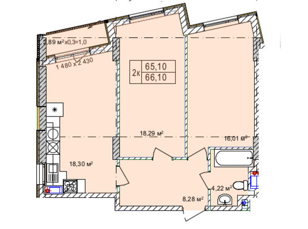 Апарт-комплекс Итака: планировка 2-комнатной квартиры 66.8 м²