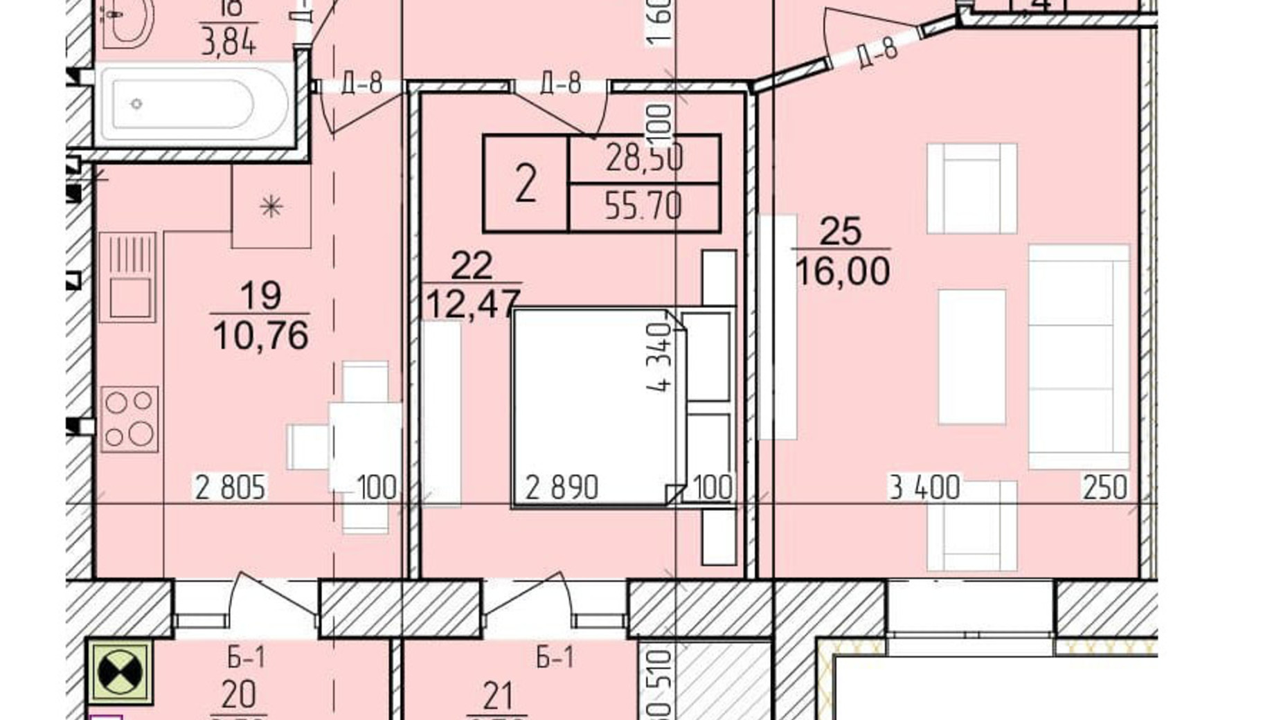 Планировка 2-комнатной квартиры в ЖК Болгарский 55.7 м², фото 269881