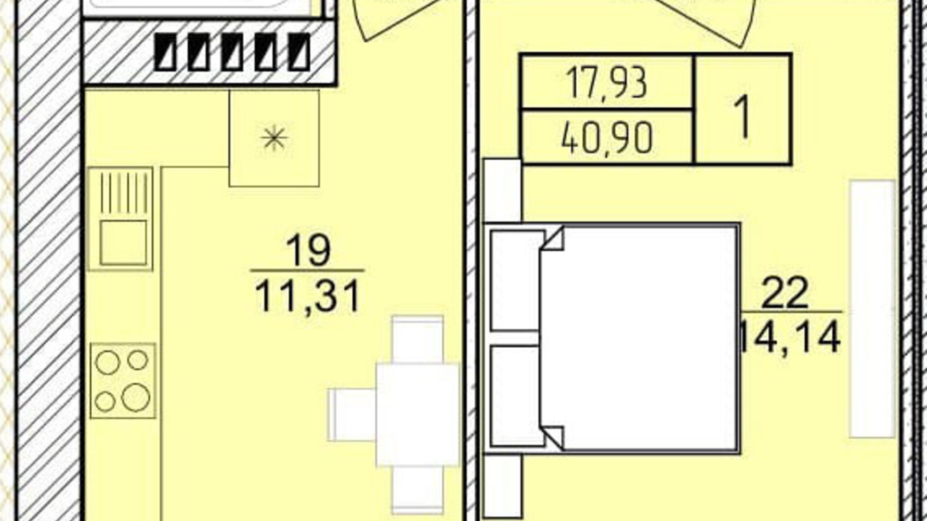 Планировка 1-комнатной квартиры в ЖК Болгарский 40.9 м², фото 269885