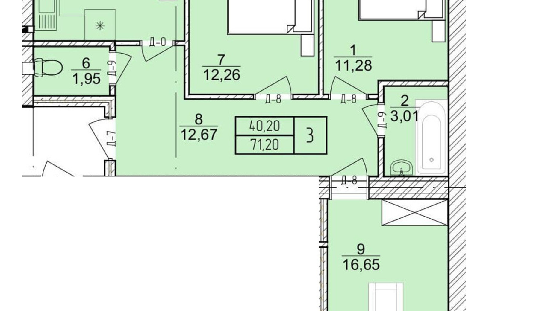 Планування 3-кімнатної квартири в ЖК Болгарський 71.2 м², фото 269888