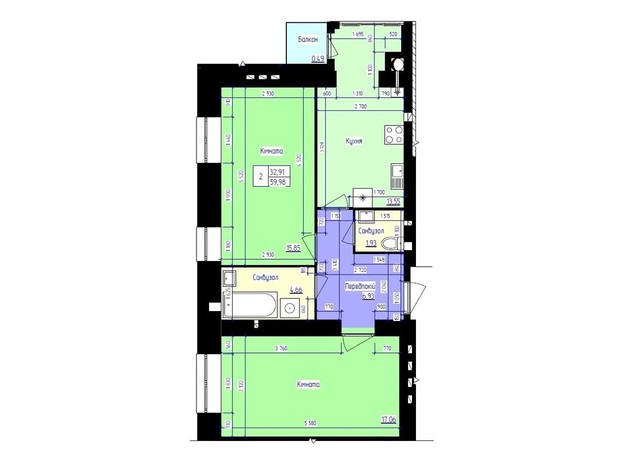 ЖК Збруч: планування 2-кімнатної квартири 64.1 м²