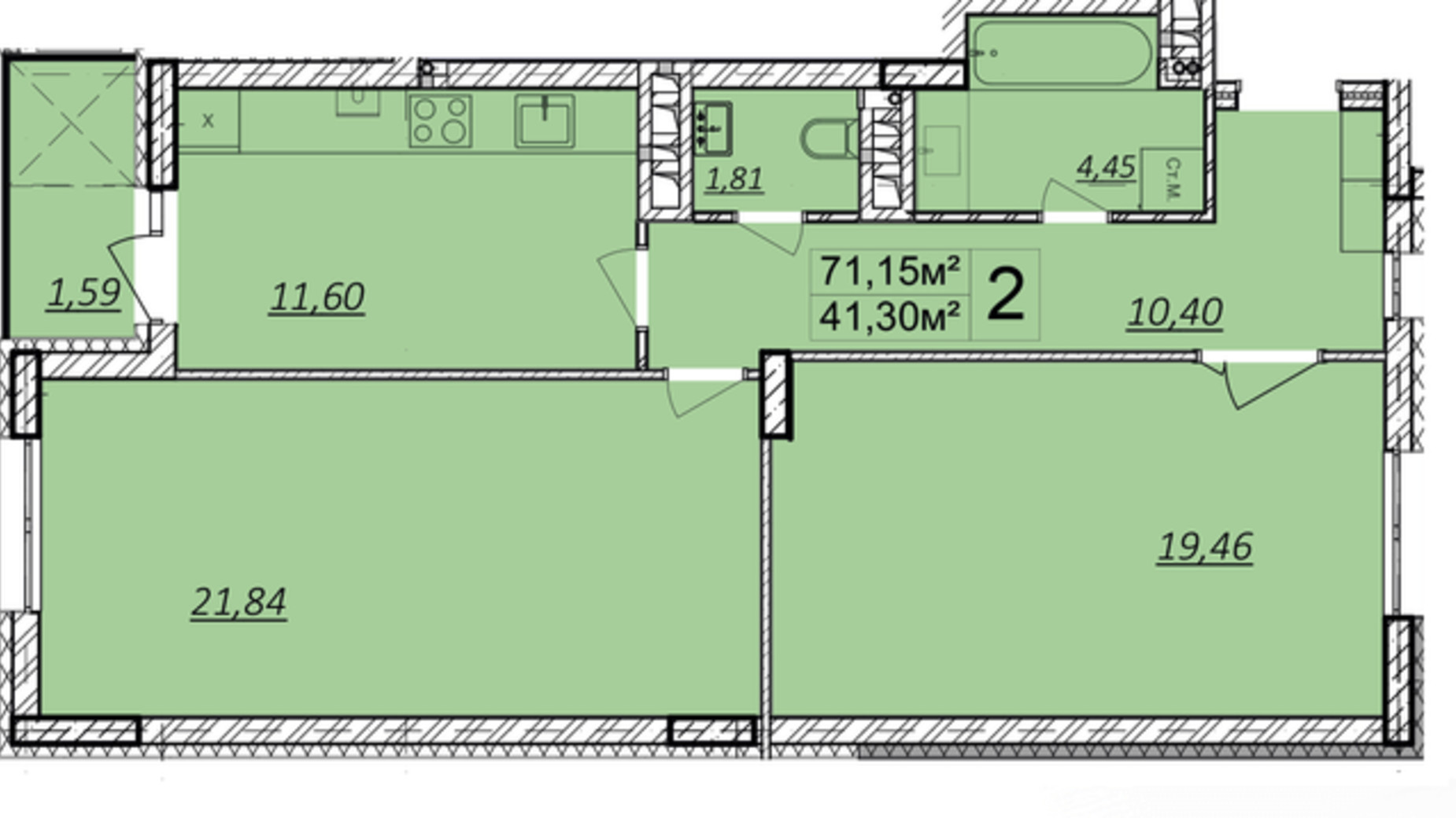 Планировка 2-комнатной квартиры в ЖК Панорама 71.1 м², фото 270286