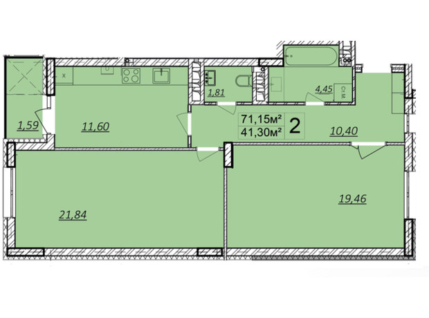 ЖК Панорама: планировка 2-комнатной квартиры 71.3 м²