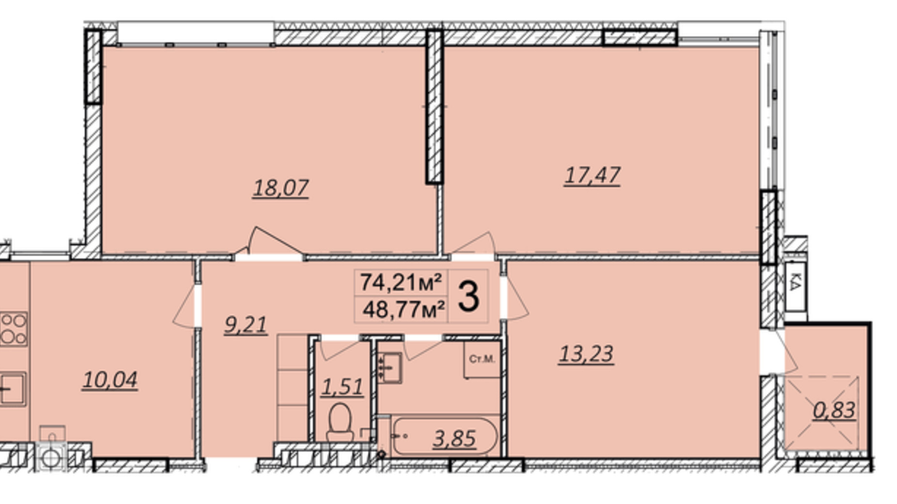 Планування 3-кімнатної квартири в ЖК Панорама 76.6 м², фото 270308