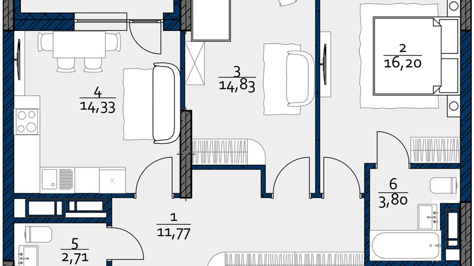 Планування 2-кімнатної квартири в ЖК Polaris Home&Plaza 66.23 м², фото 270700