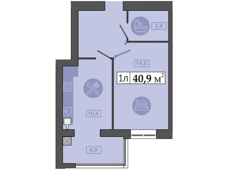Планировка 1-комнатной квартиры в ЖК Счастливый на Днепре 40.9 м², фото 271113 Планировка 1-комнатной квартиры в ЖК Счастливый на Днепре 40.9 м², фото 271113
