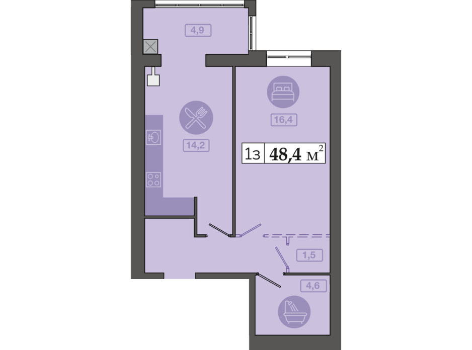 Планировка 1-комнатной квартиры в ЖК Счастливый на Днепре 48.4 м², фото 271114 Планировка 1-комнатной квартиры в ЖК Счастливый на Днепре 48.4 м², фото 271114