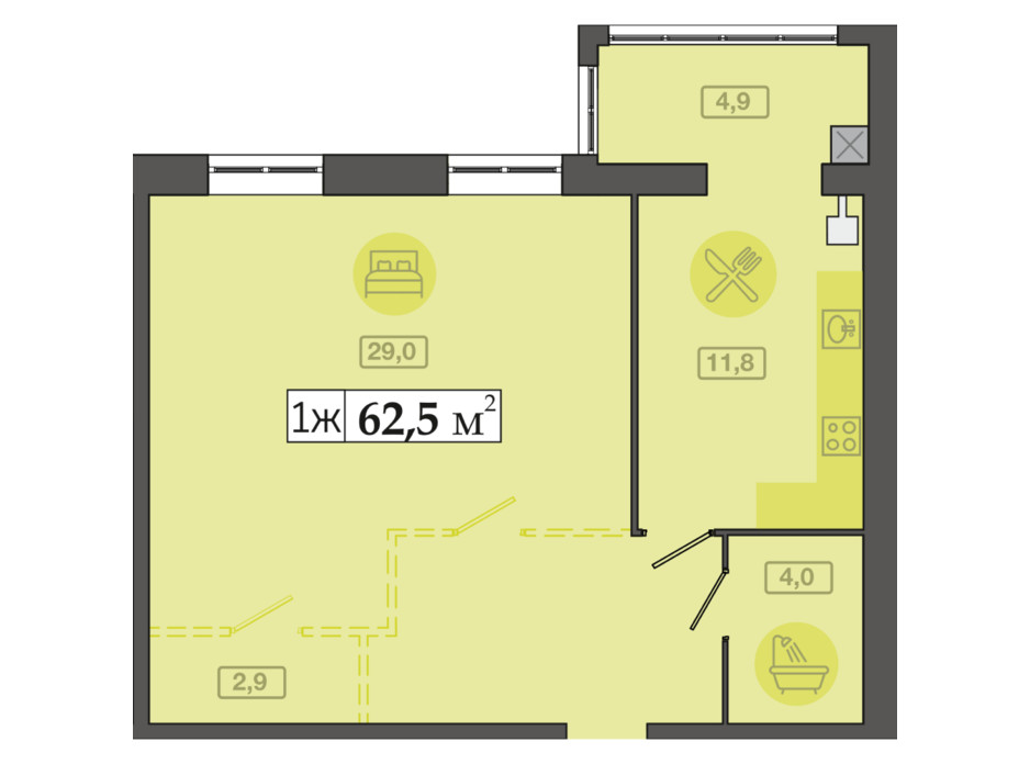 Планировка 1-комнатной квартиры в ЖК Счастливый на Днепре 62.5 м², фото 271119 Планировка 1-комнатной квартиры в ЖК Счастливый на Днепре 62.5 м², фото 271119