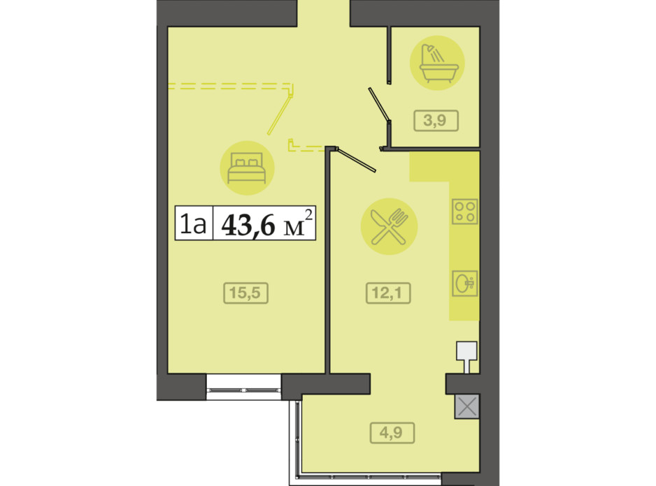 Планировка 1-комнатной квартиры в ЖК Счастливый на Днепре 43.6 м², фото 271122 Планировка 1-комнатной квартиры в ЖК Счастливый на Днепре 43.6 м², фото 271122