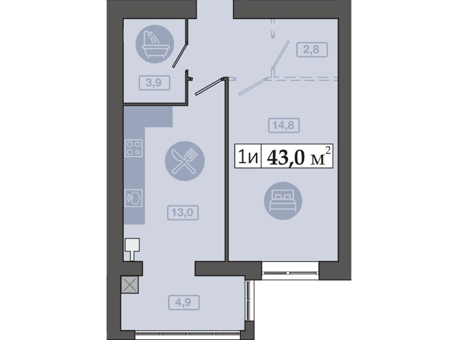 Планировка 1-комнатной квартиры в ЖК Счастливый на Днепре 43 м², фото 271124 Планировка 1-комнатной квартиры в ЖК Счастливый на Днепре 43 м², фото 271124