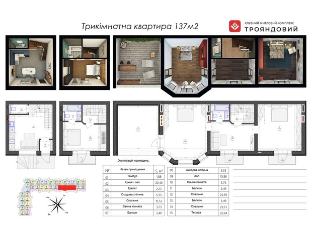 ЖК Трояндовий: планування 3-кімнатної квартири 137.15 м²