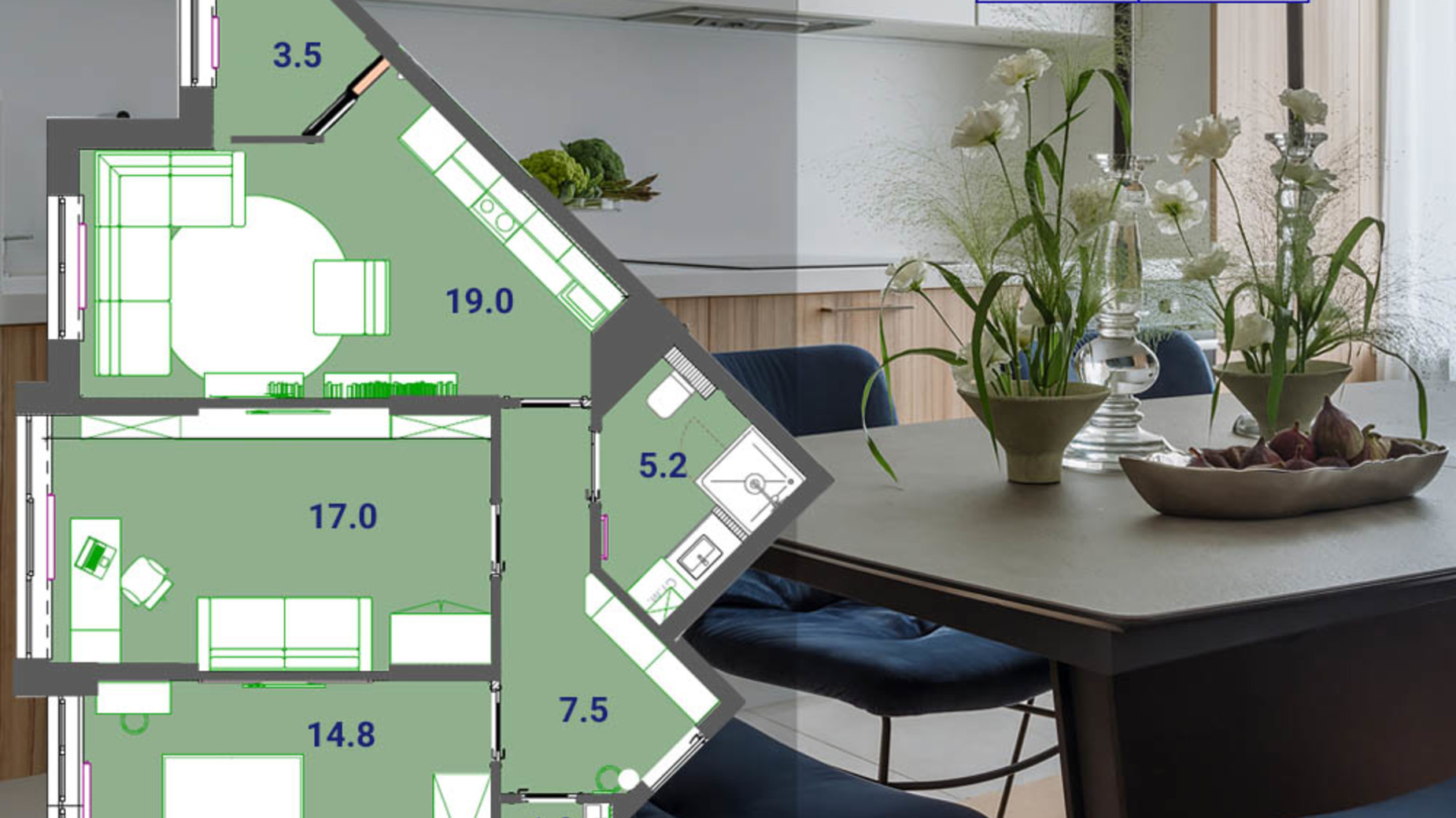 Планировка 2-комнатной квартиры в ЖК SunCity 68.9 м², фото 271191